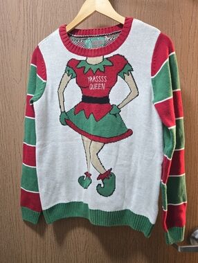 Ugly Christmas Sweater YAASSS Queen elf, L